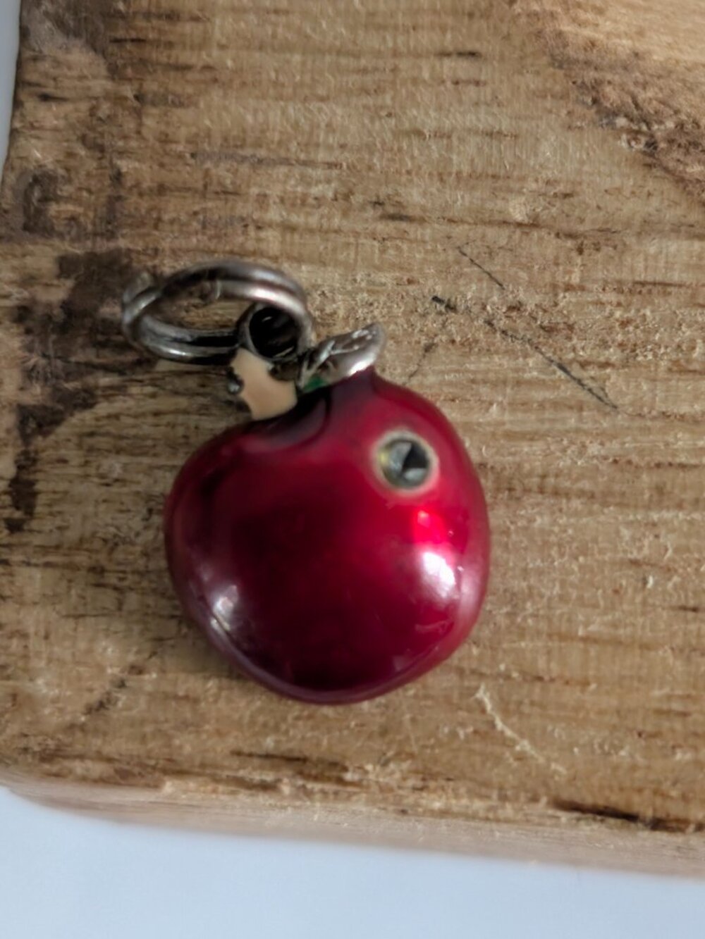 Vintage Sterling Red Enamel Apple Charm With Rhinestone for Charm Bracelet